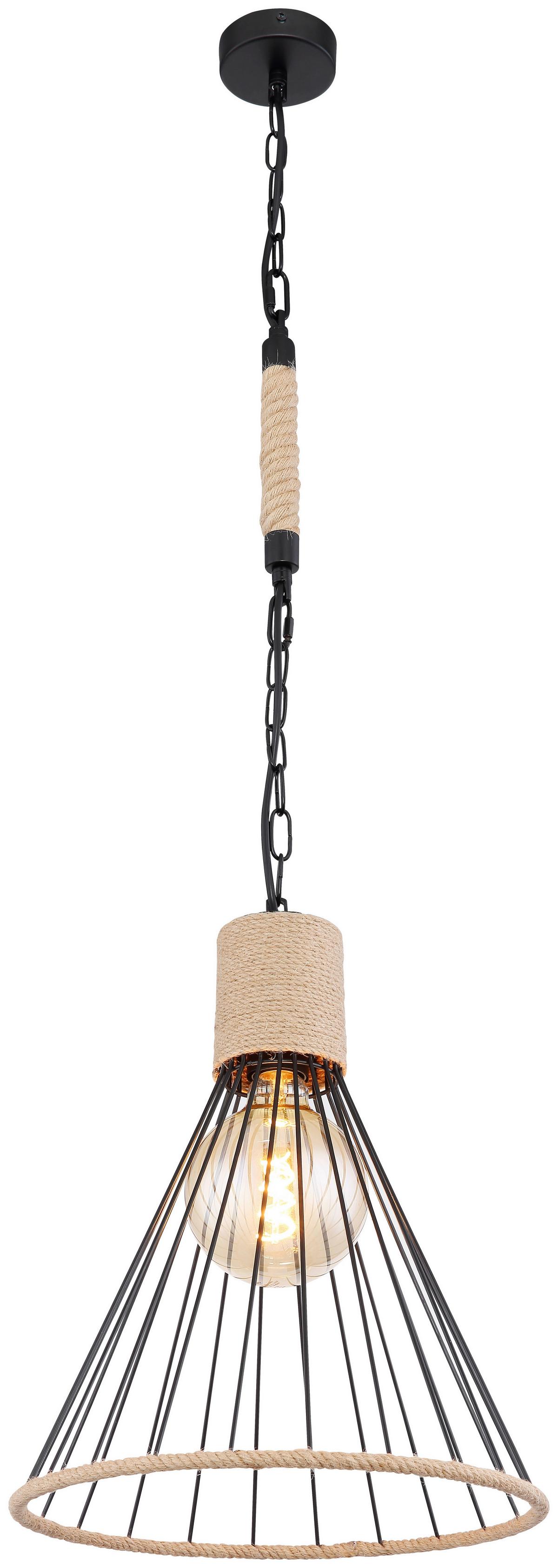 Hängeleuchte Halia H: 140 Cm 1-Flammig, Mit Hanfseil - Schwarz/Braun, Natur, Naturmaterialien/Metall (35/140cm) - Globo