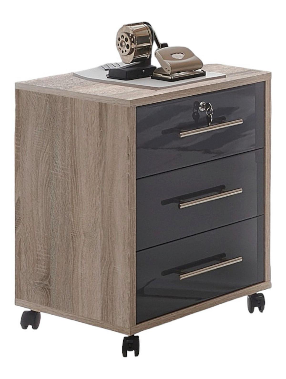 Rollcontainer Anthrazit/eiche Office Edition 44x58x40 Cm - Anthrazit Hochglanz/Sonoma Eiche, MODERN, Holzwerkstoff/Kunststoff (44/58/40cm) - MID.YOU