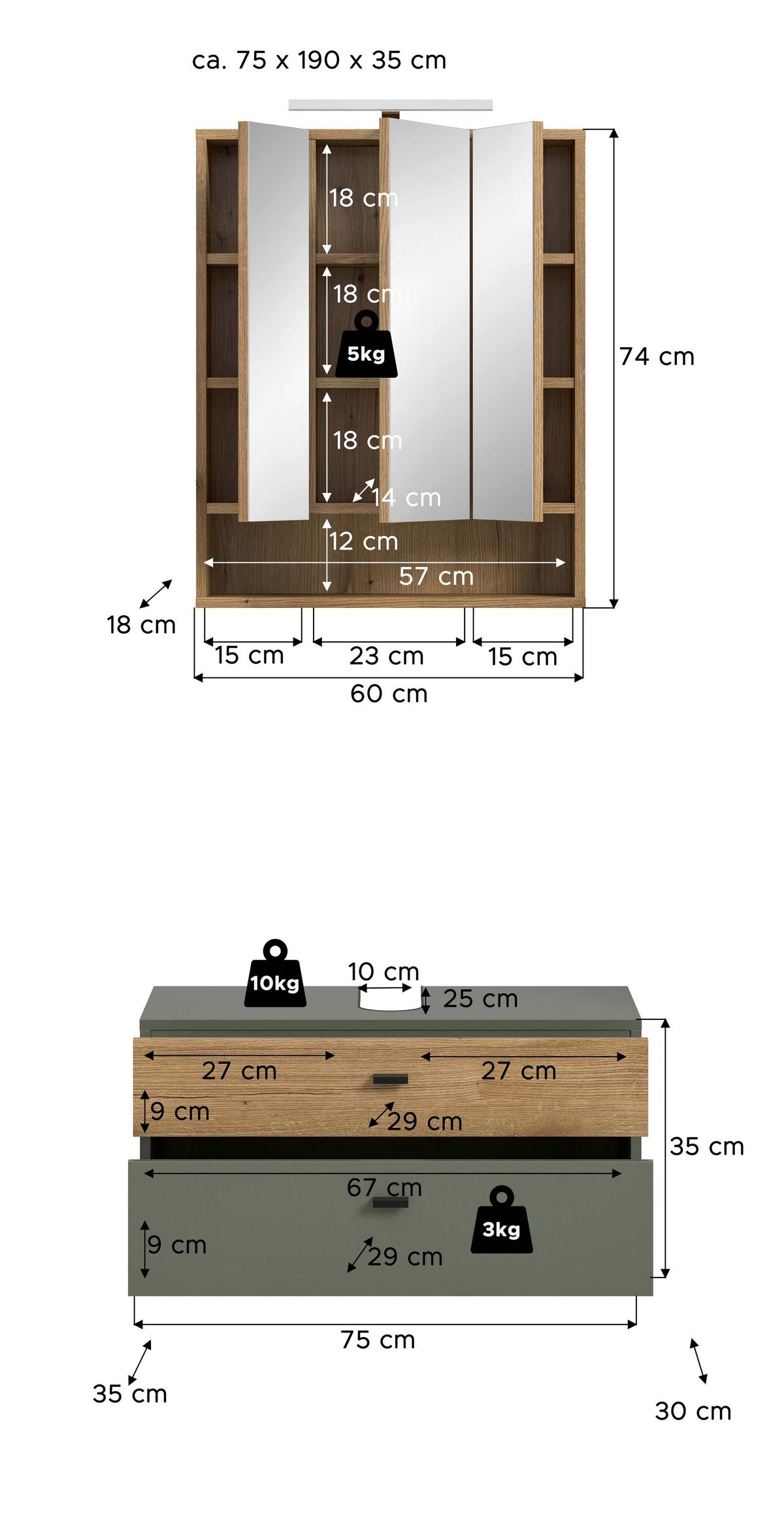 Badezimmer Aqua Grün/Eichefarben B: 75cm - Eichefarben/Schwarz, Trend, Glas/Holzwerkstoff (75cm) - MID.YOU