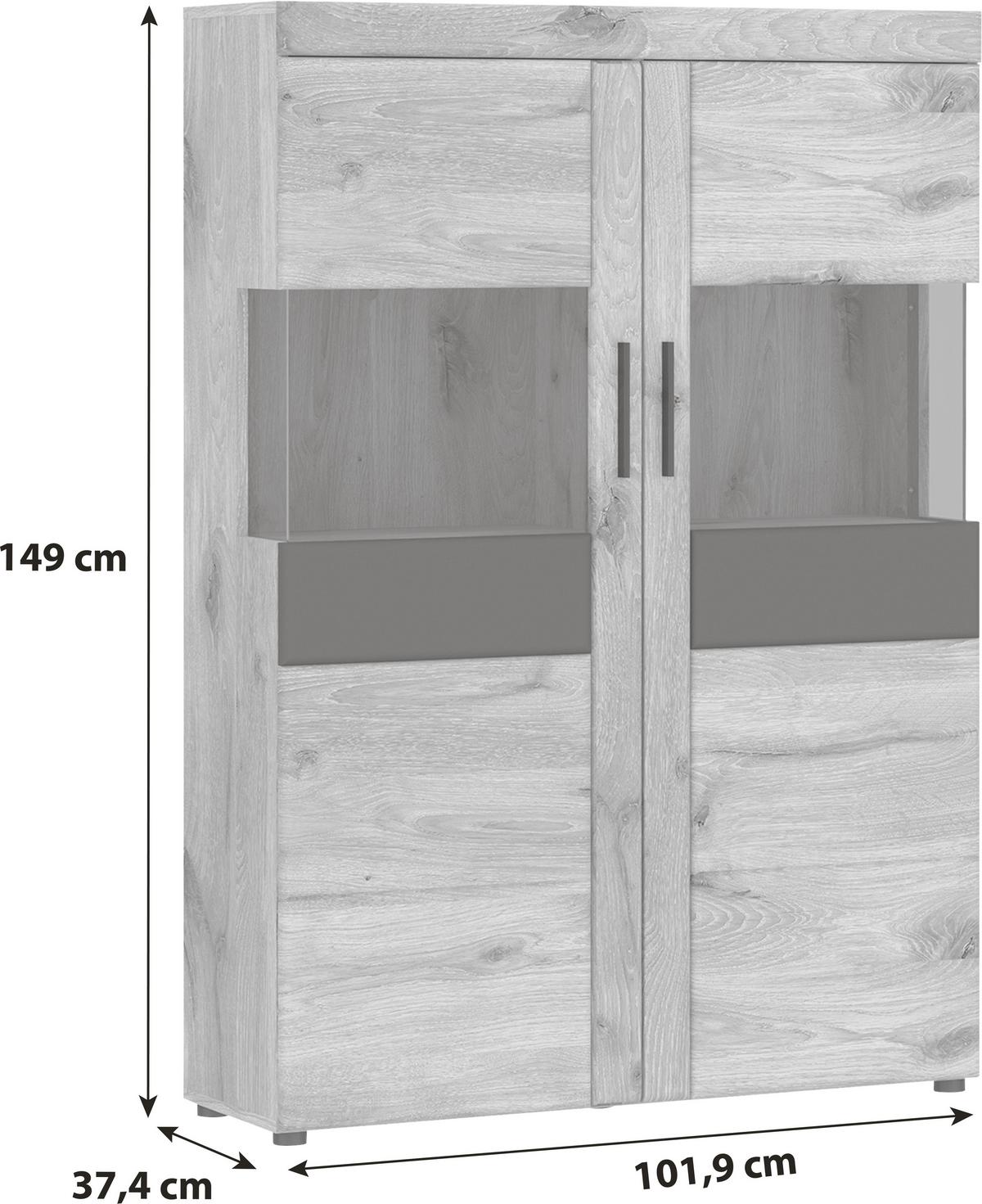 Vitrin Grano - tölgyfa színű/sötétszürke, Trend, faalapú anyag/Üveg (101,9/149/37,4cm)
