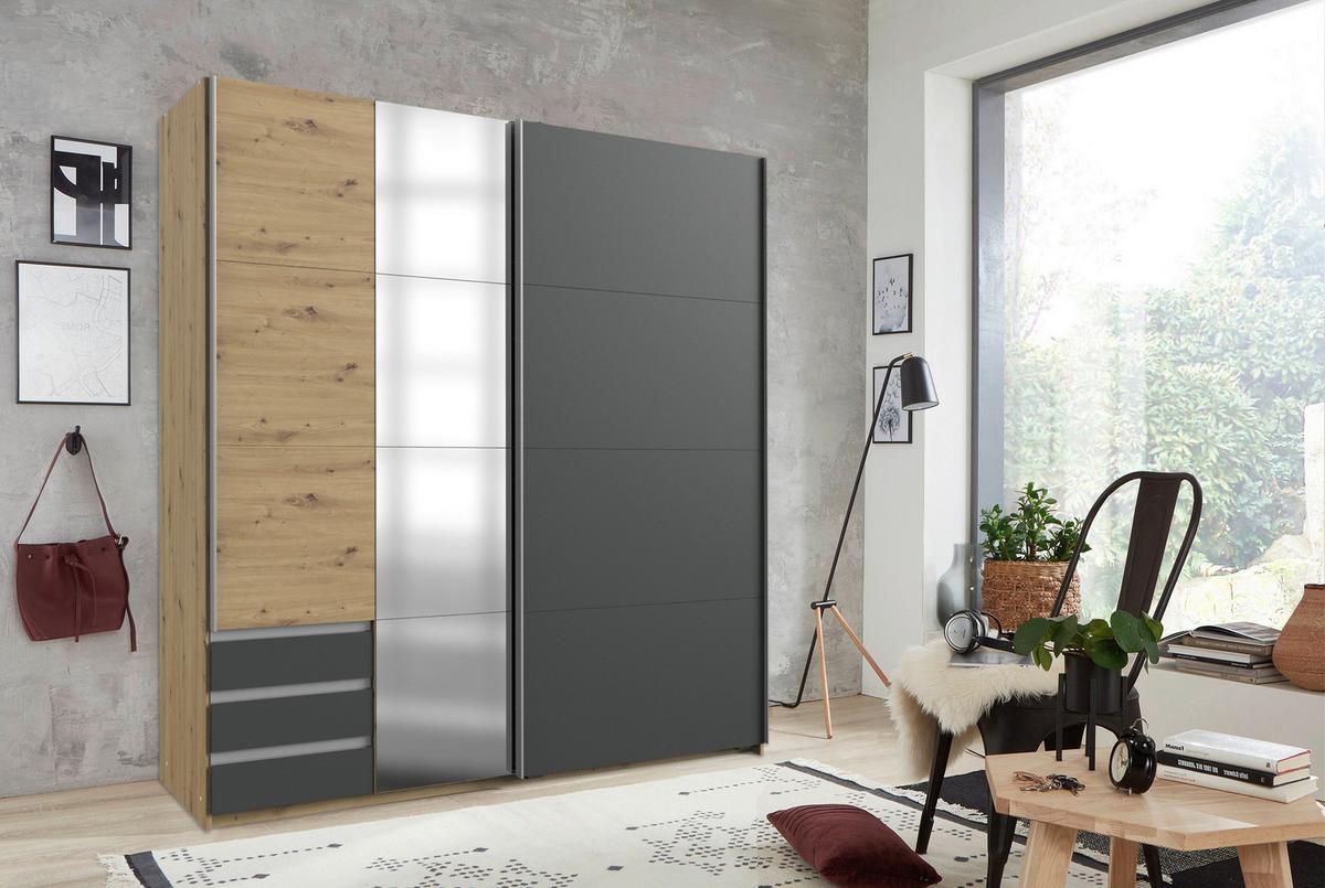 Schwebetürenschrank Mit Glas + Laden 179cm Aurich, Graphit - Eichefarben/Graphitfarben, Basics, Holzwerkstoff (179/198/64cm) - Livetastic