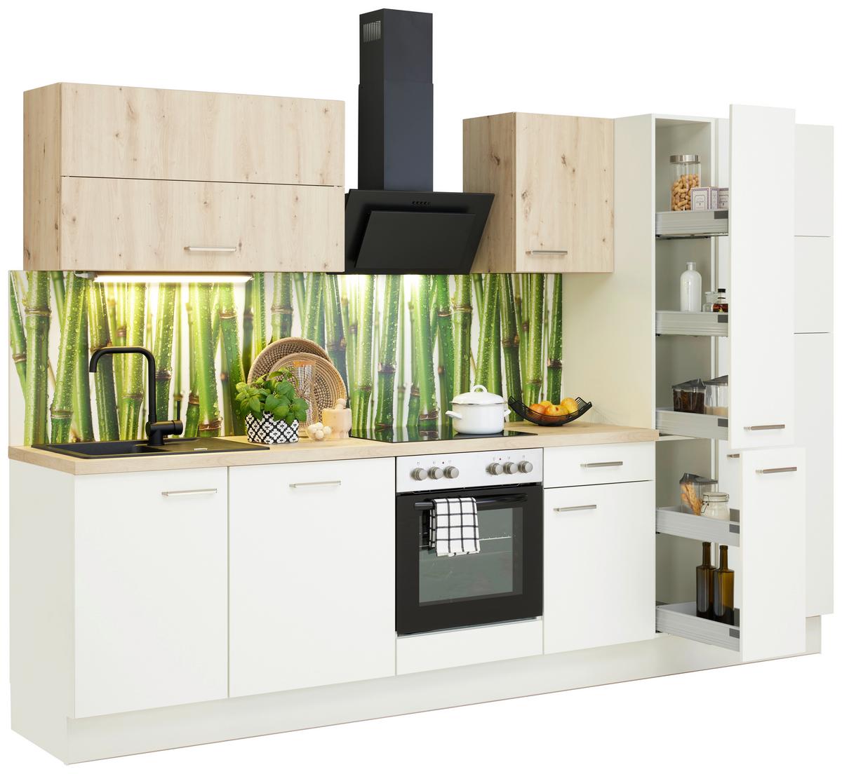 Küchenzeile Ip1200 mit Geräten 310 cm Weiß/Eiche Dekor - Eichefarben/Weiß, Basics, Holzwerkstoff (310cm)