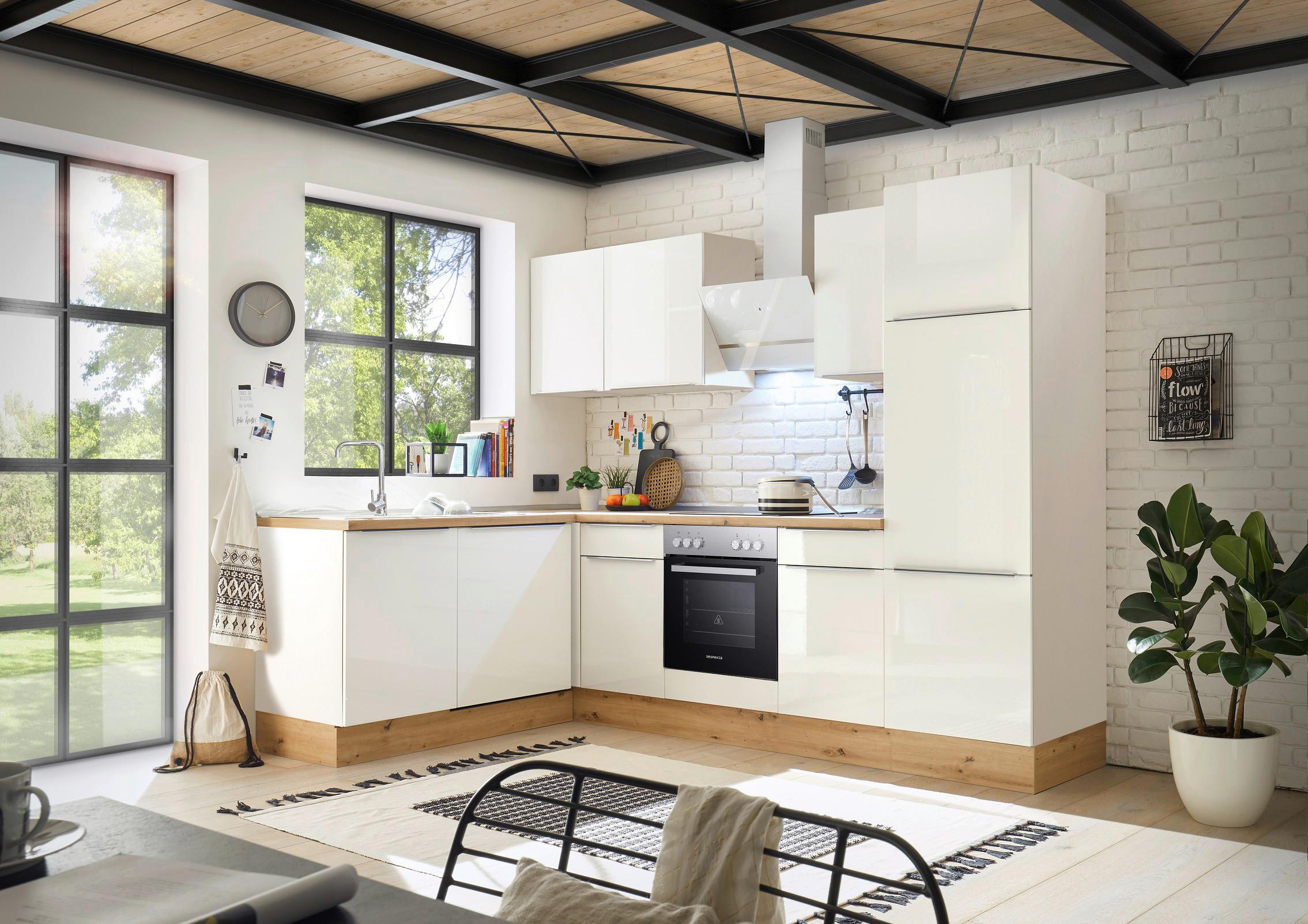 Eckküche mit Geräten 280x170 cm Weiß/Eiche Dekor, modern - Weiß Hochglanz/Weiß, LIFESTYLE, Holzwerkstoff (170/280cm) - Respekta