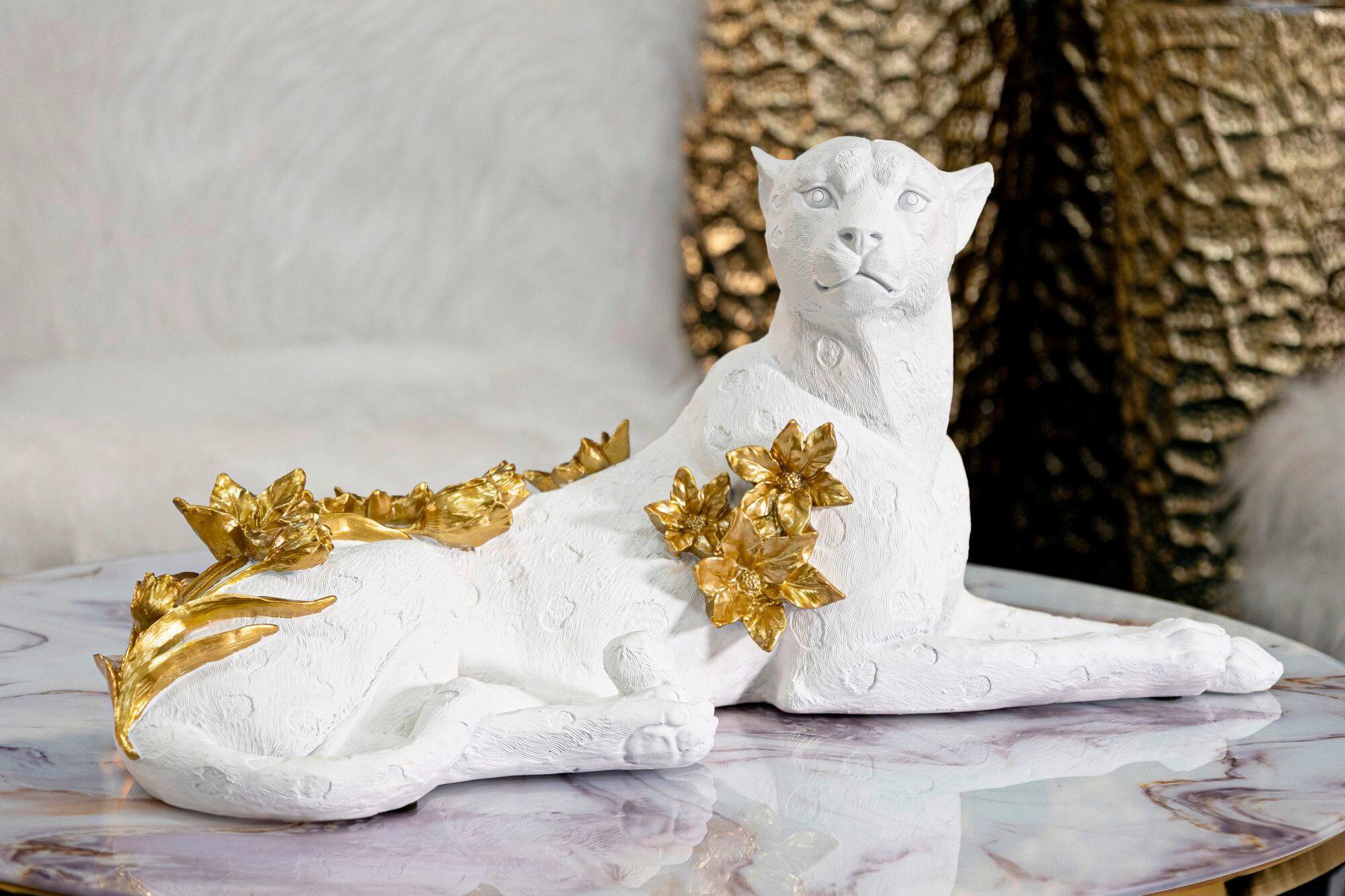 Skulptur Leopard White/Gold B: 53 cm - Goldfarben/Weiß, Basics, Kunststoff (53/24/21.5cm)