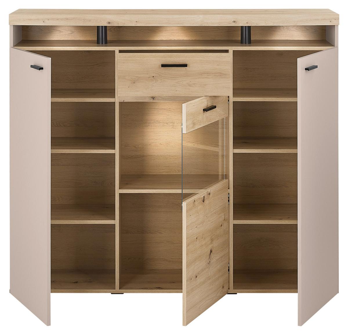 Highboard Strada Giga *ph* Eiche Artisan/Kashmir, B:151cm - Kaschmir/Schwarz, Trend, Glas/Holzwerkstoff (151/129/37cm)
