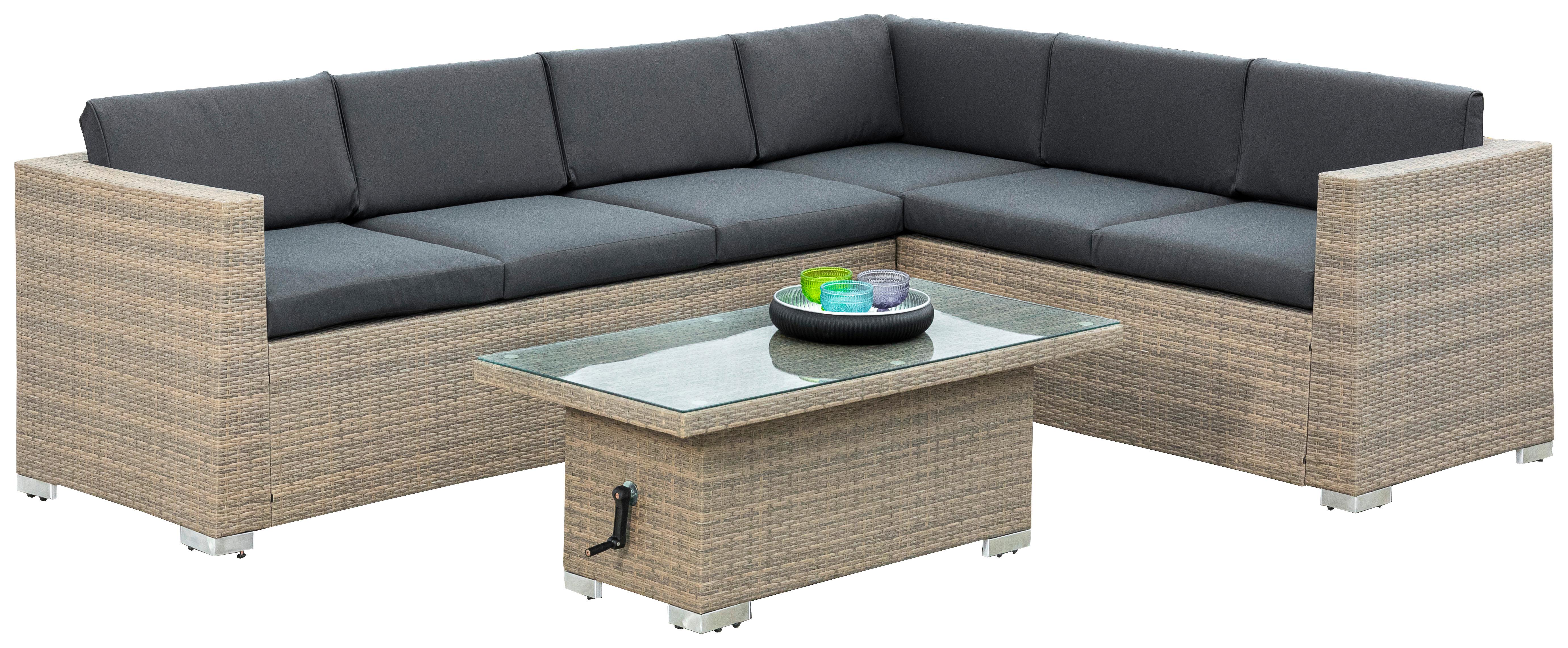 Loungegarnitur Bellante Kunststoffgeflecht Mit Kissen - Dunkelgrau/Braun, KONVENTIONELL, Glas/Kunststoff (208/269/61cm) - Gardenson