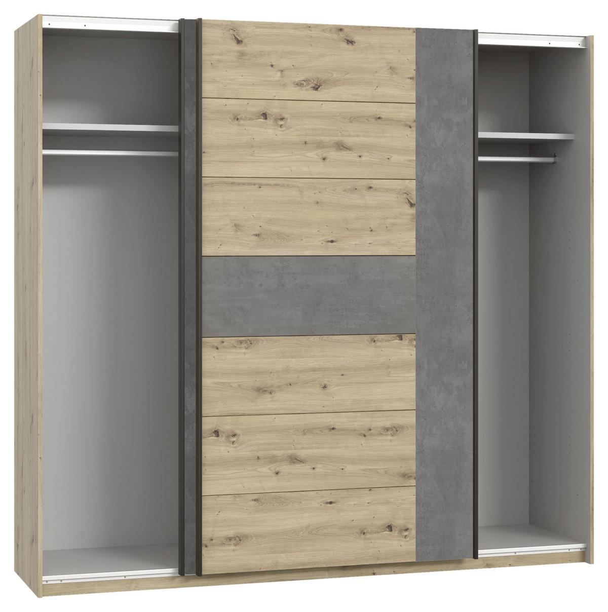 Skriňa s posuv.dverami CHANTON š.221cm,dub Artisan/tmavosivá - čierna/farba duba, Modern, kov/kompozitné drevo (221/210/62cm) - Mömax