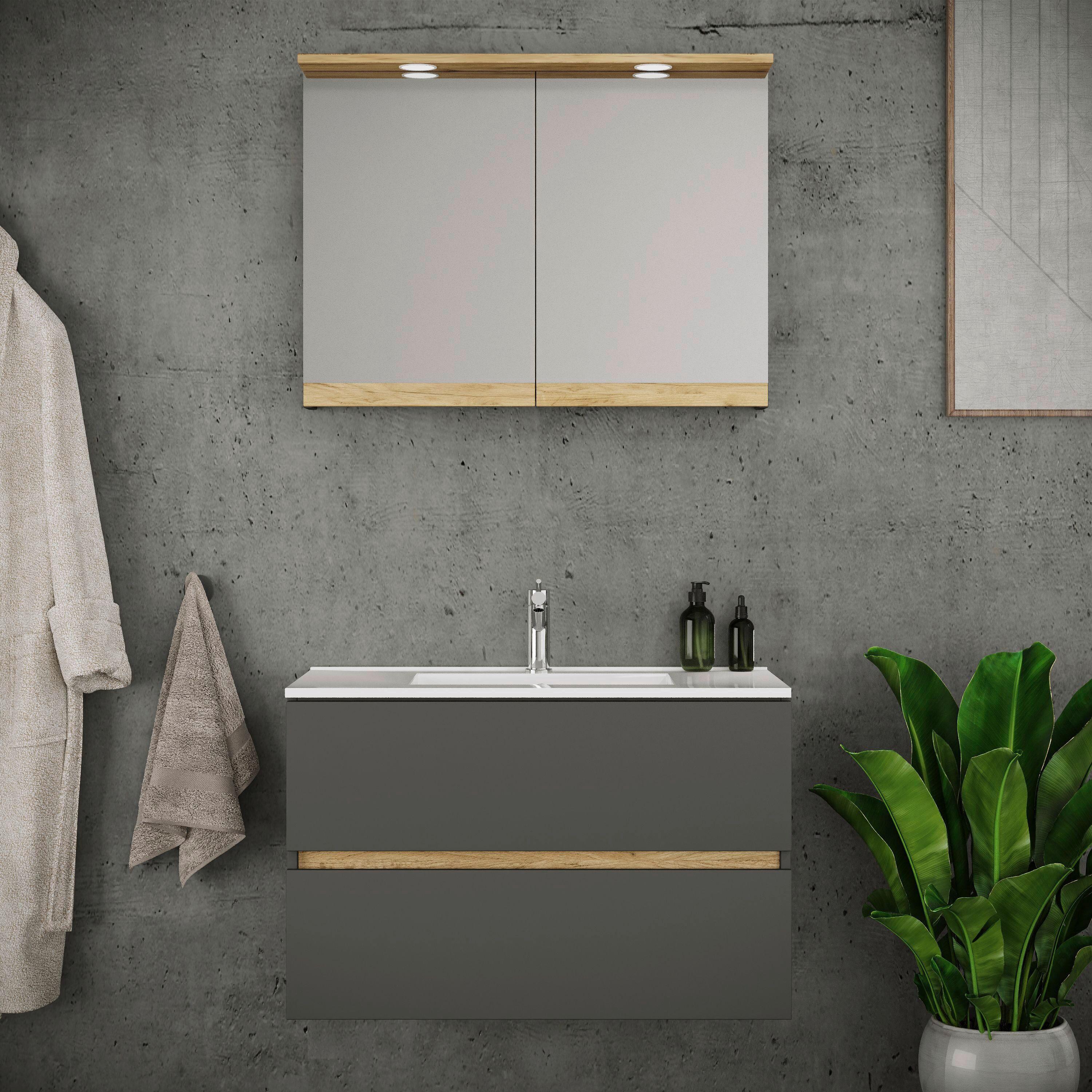 Fürdőszobabútor Cosila - méztölgy színű/antracit, Trend, faalapú anyag/kerámia (110cm) - MID.YOU