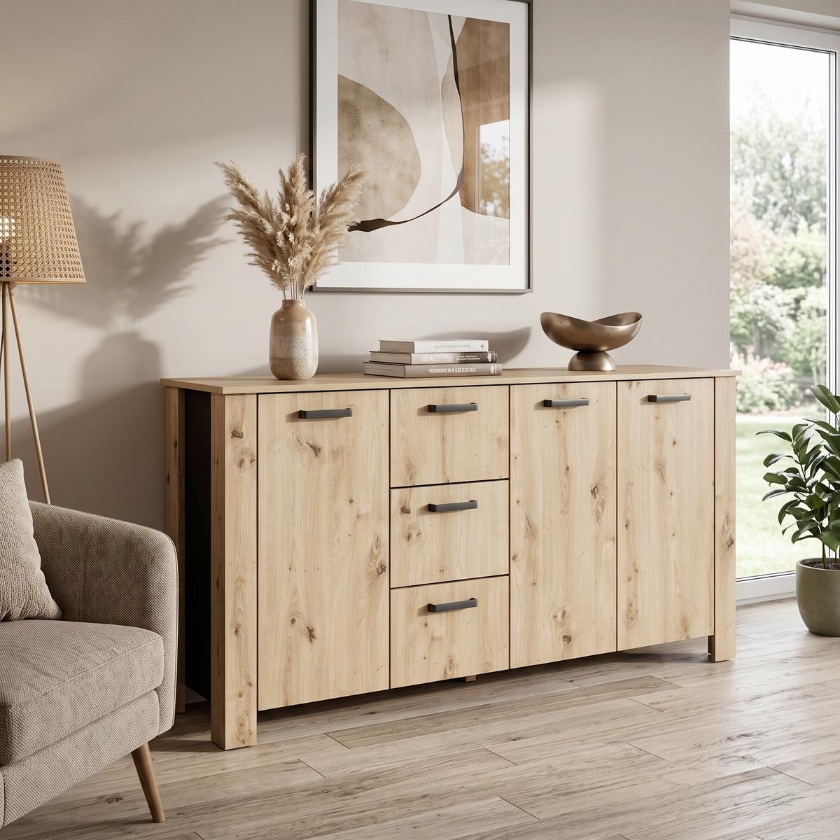 Sideboard Faro Eiche Artisan B: 160 cm - Schwarz/Eiche Artisan, Design, Holzwerkstoff (160/84/40cm) - MID.YOU