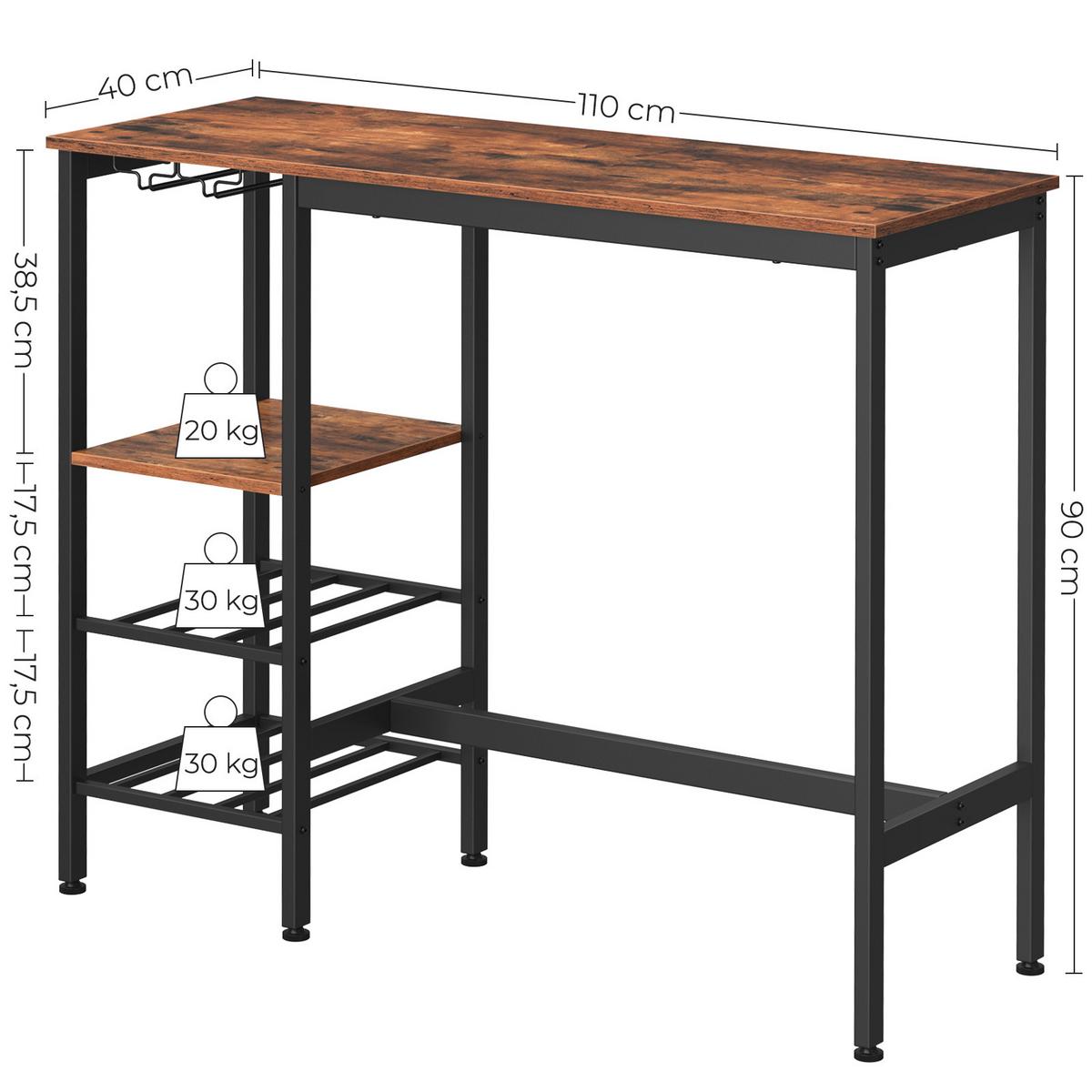 Bartisch Vasagle 110x40x90 cm Dunkelbraun, Schwarz - Dunkelbraun/Schwarz, Trend, Holzwerkstoff/Metall (110/40/90cm) - Boxxx