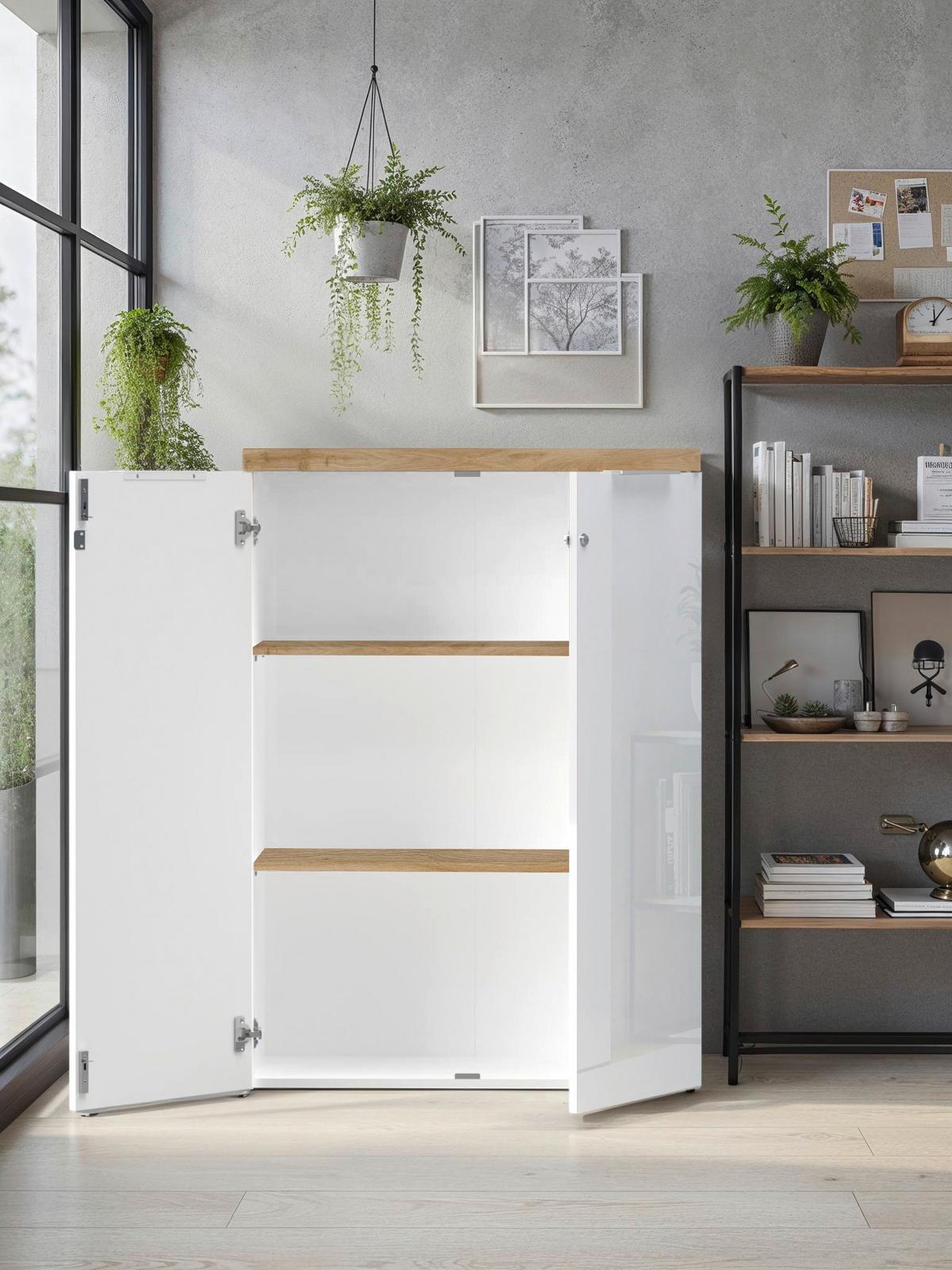 SKRIŇA EASY OFFICE - biela s vysokým leskom/farba duba, Modern, kov/kompozitné drevo (81/116/34cm) - Based