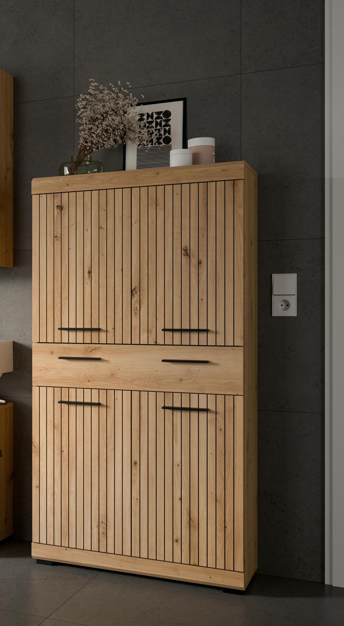 Midischrank Scout Eiche Artisan Dekor B: 74cm - Schwarz/Eiche Artisan, Trend, Holzwerkstoff (74/141/31cm) - MID.YOU
