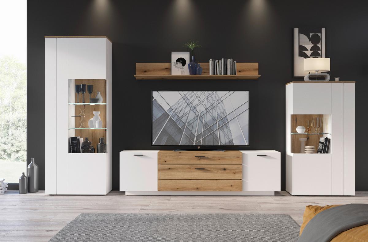 Highboard Dalano Weiß/eichefarben B: 77,7 Cm - Eichefarben/Schwarz, Trend, Glas/Holzwerkstoff (77,7/144,2/37,2cm) - MID.YOU