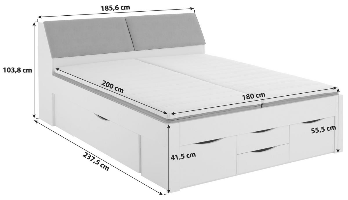 Stauraumbett mit Bettkasten 180x200 cm Maxi Weiß - Weiß/Grau, KONVENTIONELL, Holzwerkstoff/Textil (180/200cm)