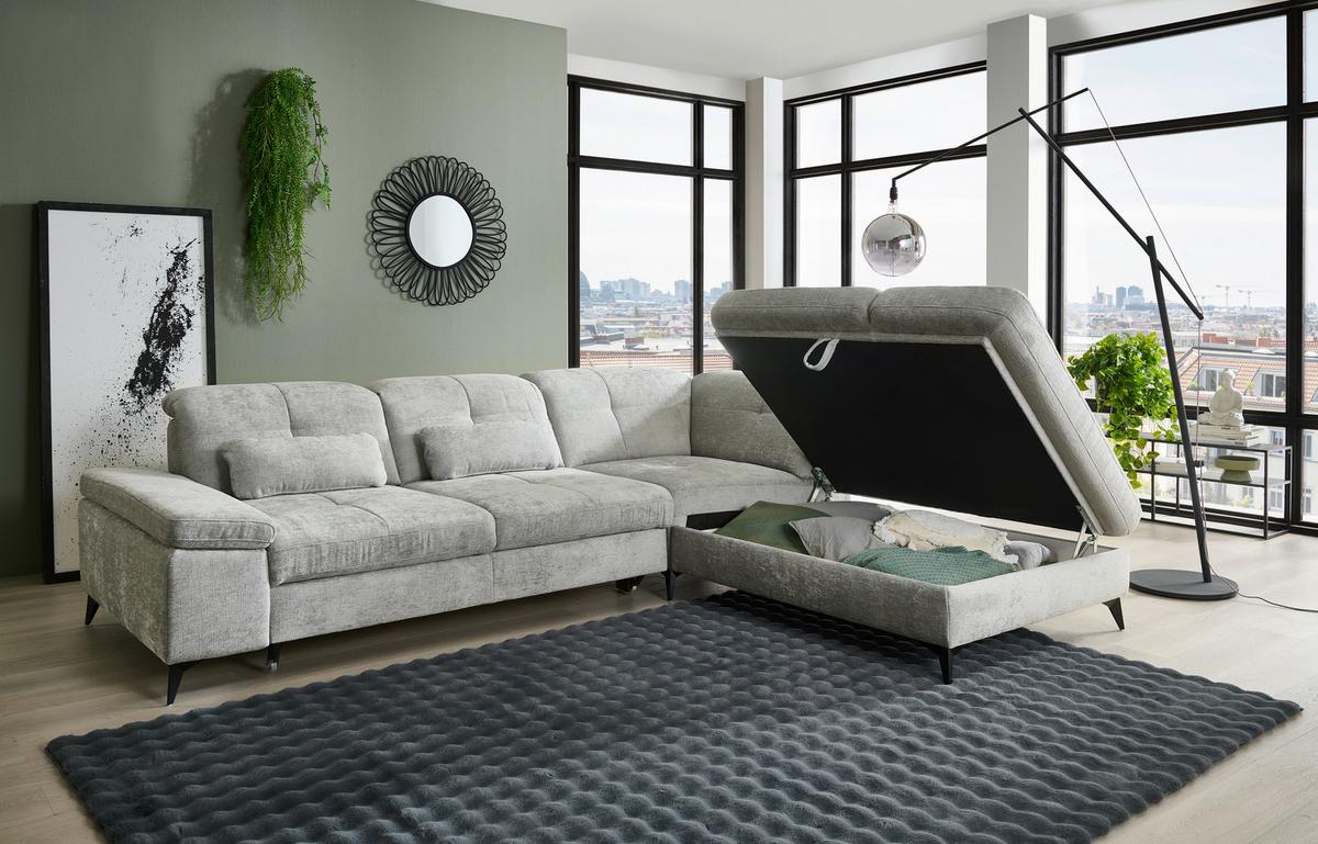 Sedačka SORENA L, pravá, sv.šedá žinylka, s funkcemi - černá/světle šedá, Moderní, kov/textil (311/255cm) - Premium Living