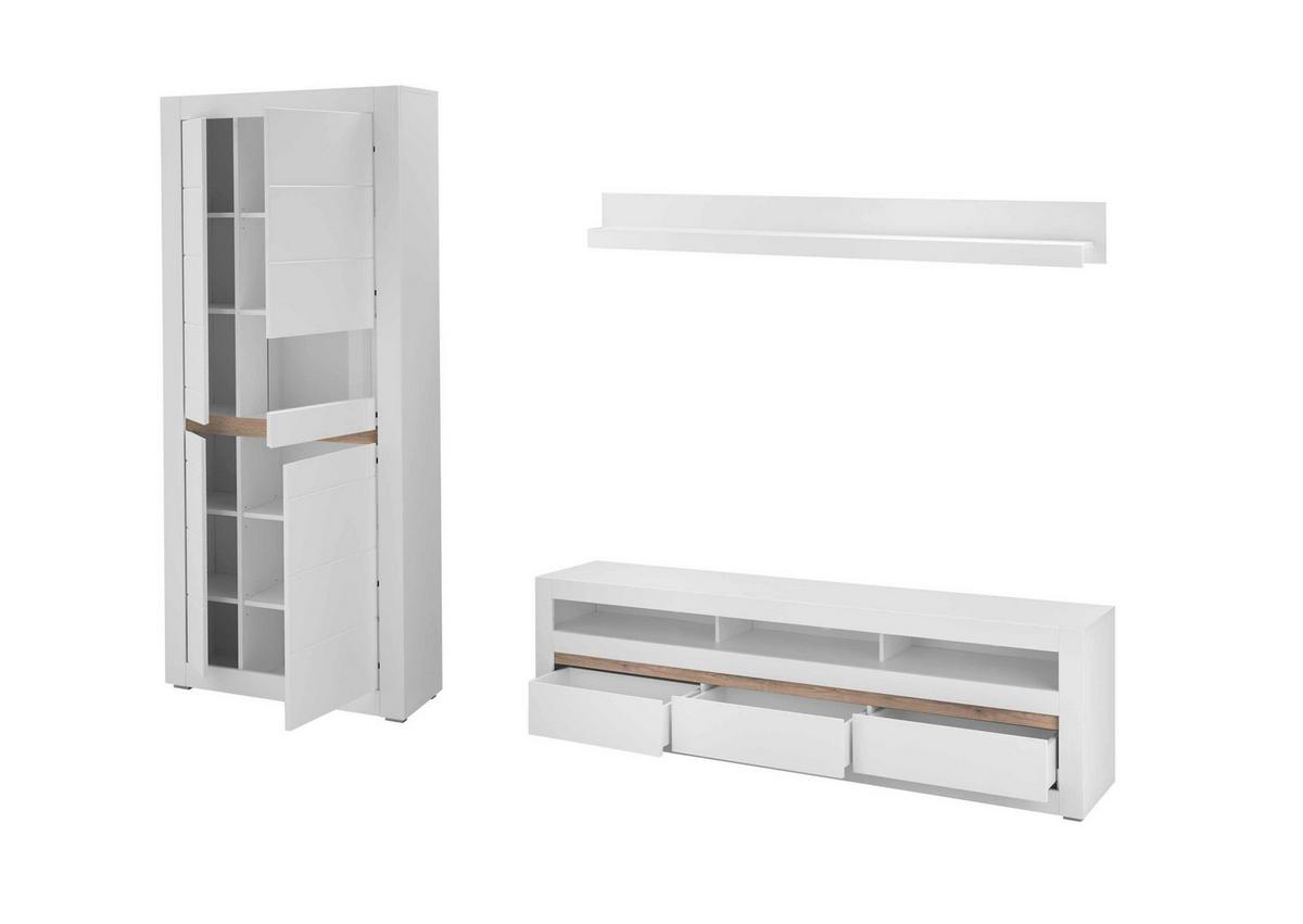 Wohnwand Chester Weiß/Eichefarben B: 312cm - Eichefarben/Silberfarben, Design, Holzwerkstoff (312/198/42cm) - MID.YOU