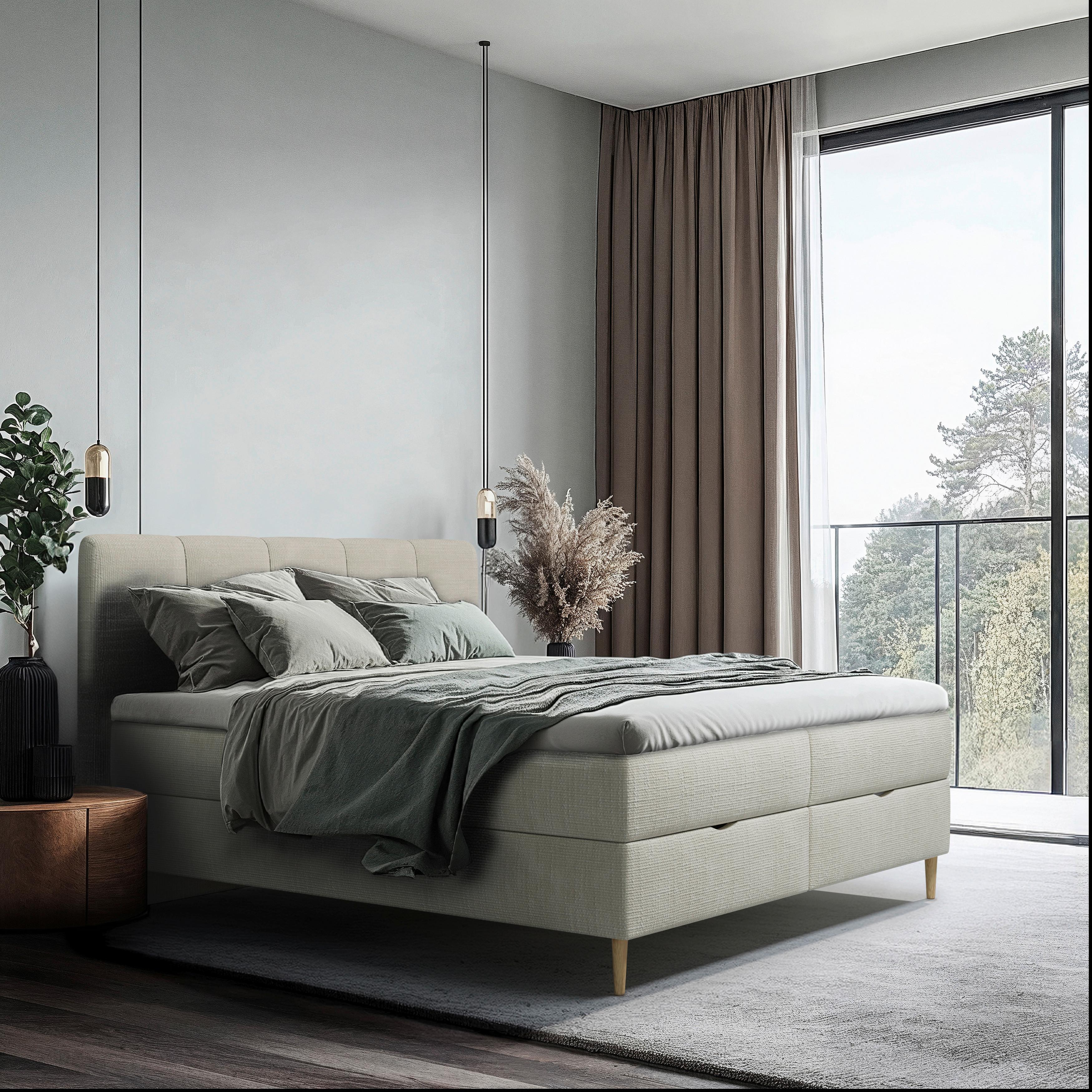 Boxbett Bari mit Topper beige, ca.160x200cm - Beige/Buchefarben, MODERN, Holz/Holzwerkstoff (160/200cm) - MID.YOU