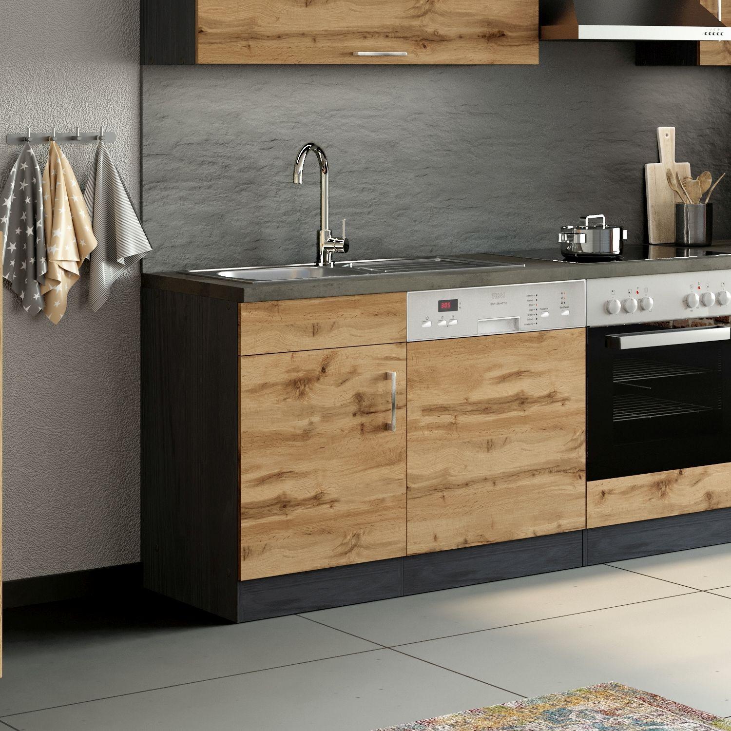 Spülenschrank Mit Spüle B: 110cm Eiche Dekor/Grau - Eichefarben, MODERN, Holzwerkstoff (110/85/60cm) - Held