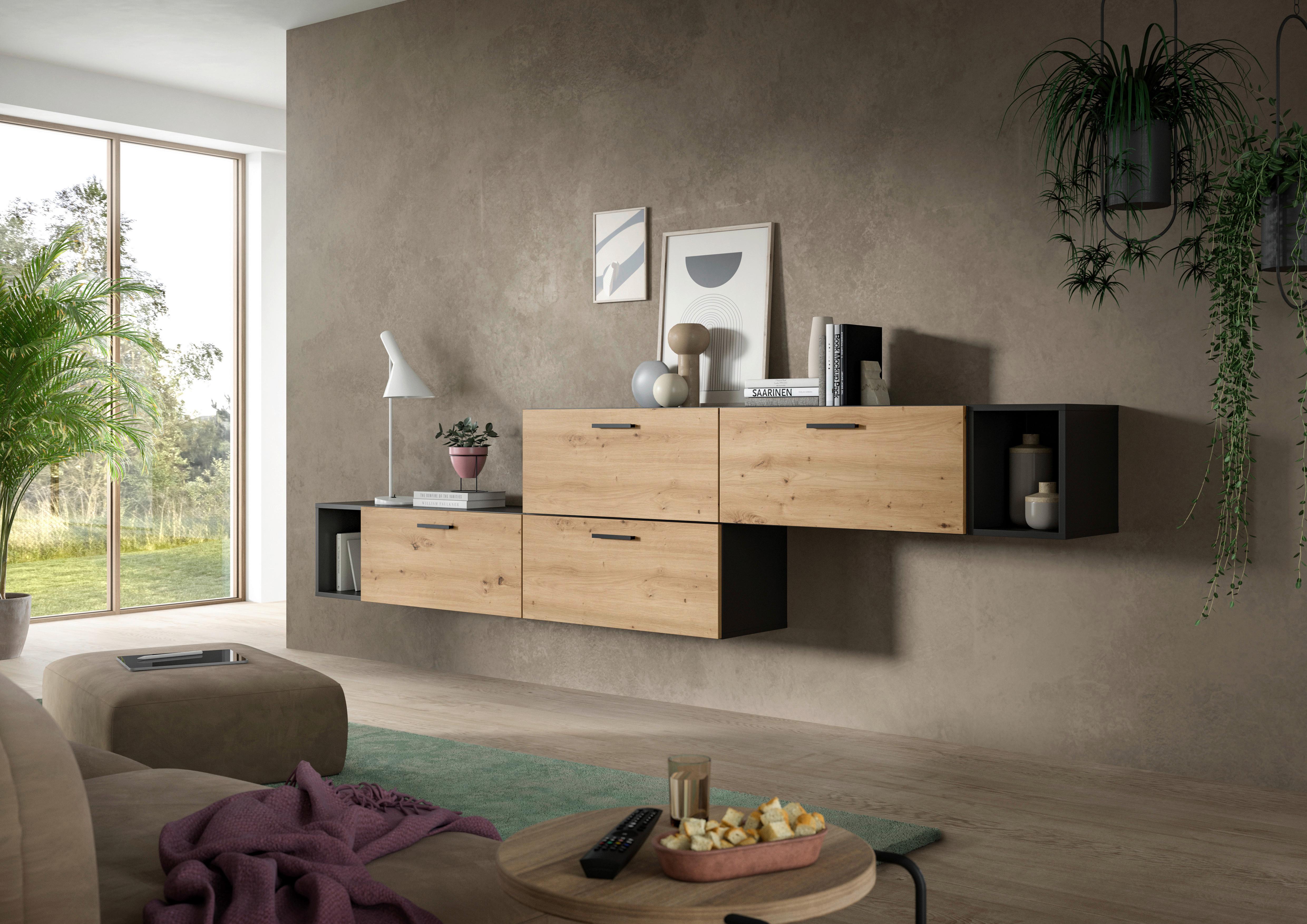 Wohnwand, The One 4, B: 276 cm Artisan Eiche Dekor/Grau - Schwarz/Eiche Artisan, Trend, Holzwerkstoff (276/97/34cm)