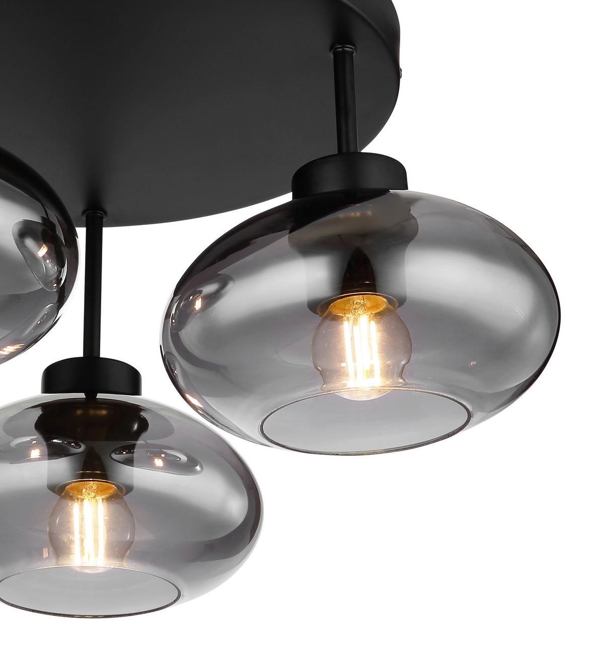 Deckenleuchte Ø 40 cm 3-Flammig mit Rauchglas - Schwarz, Design, Glas/Metall (40/24cm) - Globo