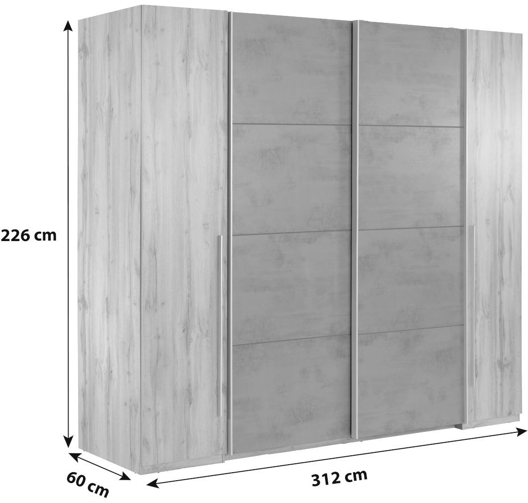 4-dverová Šatníková Skriňa Tokio - farby dubu/sivá, Moderný, kov/kompozitné drevo (312/225,5/60,3cm)