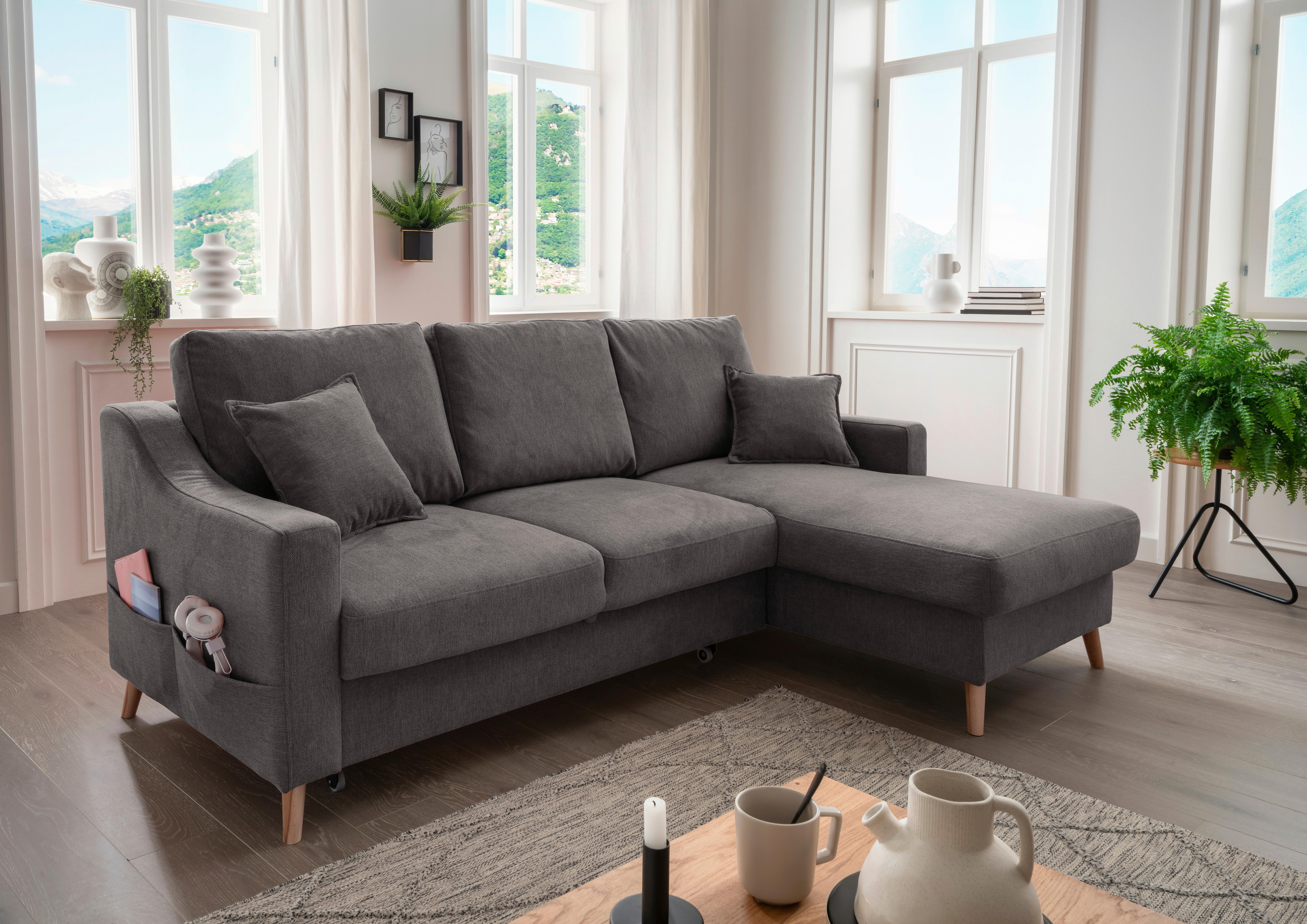 Ecksofa mit Schlaffunktion Valentina mit Kissen Anthrazit - Anthrazit/Naturfarben, KONVENTIONELL, Textil (228/150cm) - P & B