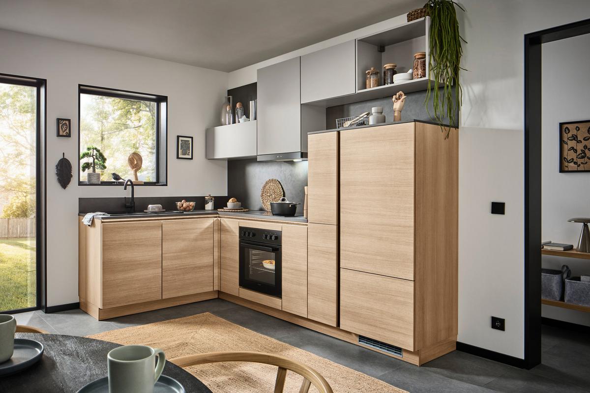 Eckküche Ip2200/ip3150 - Eichefarben/Hellgrau, Design, Holzwerkstoff (185/278cm) - Impuls