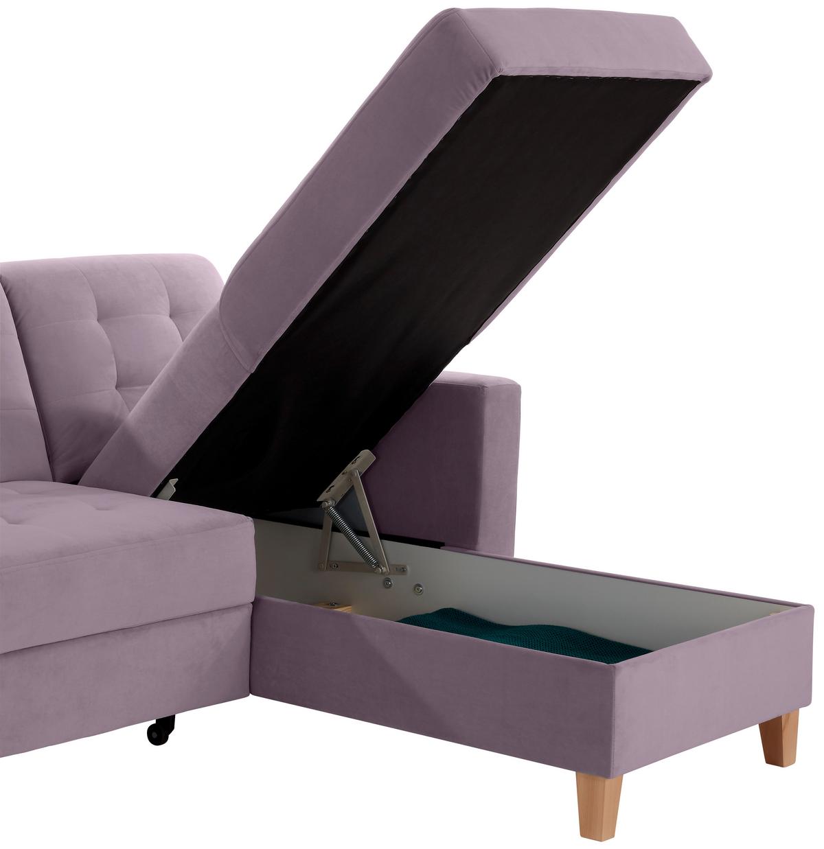 Rohová sedačka BERGEN, oboustranná, šeříkový samet - přírodní barvy/šeříková, Design, dřevo/textil (231/160cm) - Luca Bessoni