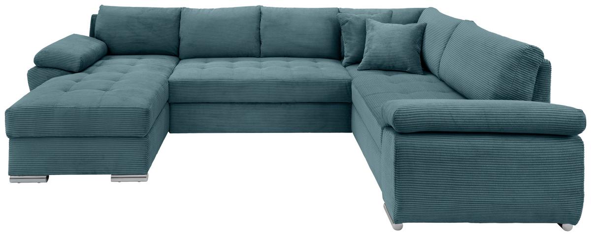 Wohnlandschaft Terana mit Schlaffunktion, Petrol - Chromfarben/Petrol, KONVENTIONELL, Textil (157/305/219cm) - Livetastic