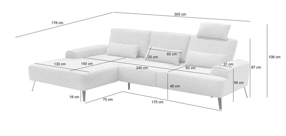 Ecksofa Astoria Dunkelgrau S:178x307cm - Dunkelgrau/Schwarz, Design, Textil (178/305cm) - Livetastic
