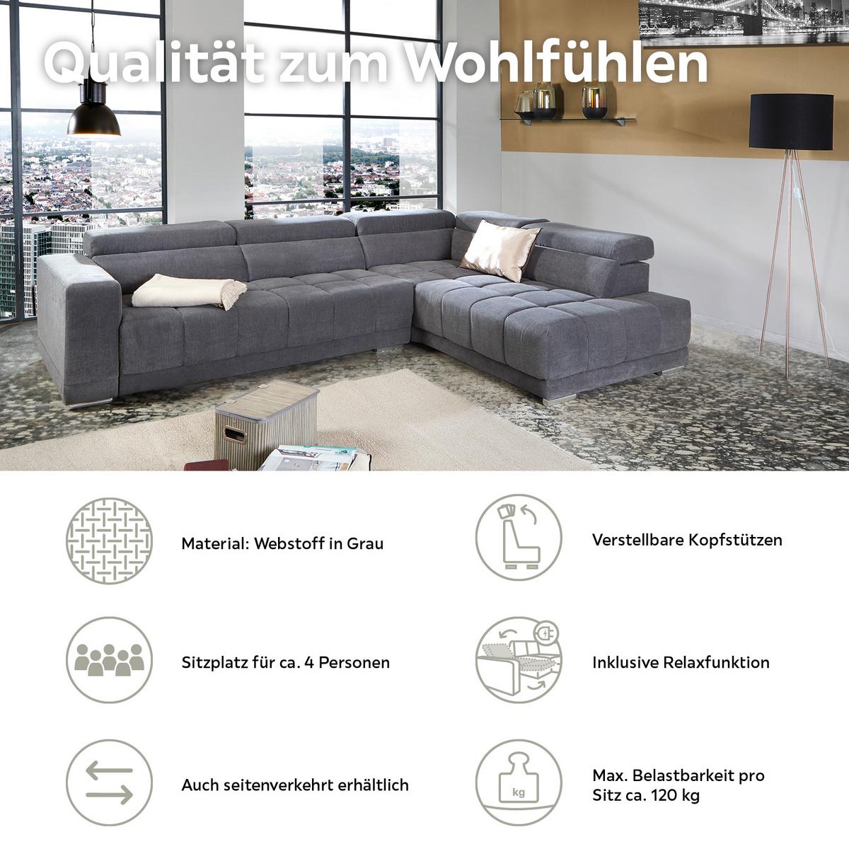 Ecksofa mit Relaxfunktion Hogan Ra, Grau - Silberfarben/Grau, MODERN, Holz/Textil (299/212cm) - Livetastic