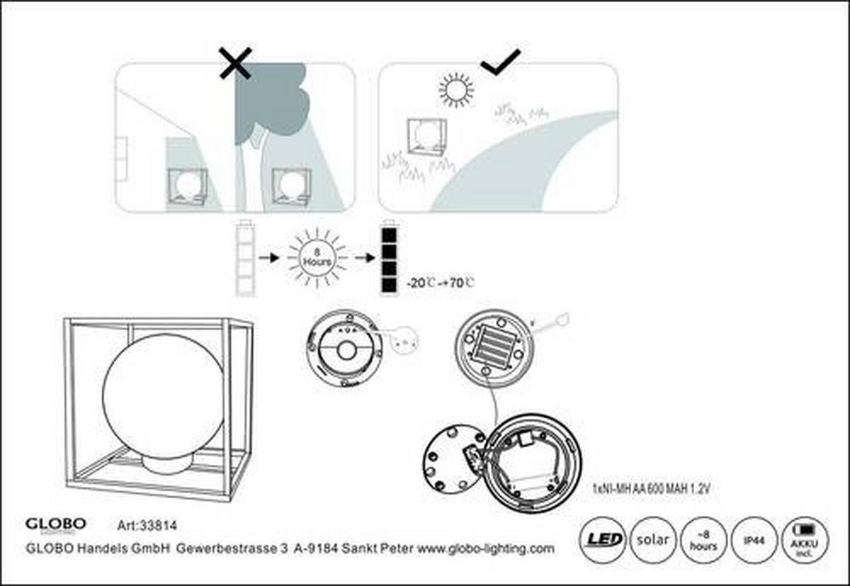 Solarleuchte 33814 - Schwarz/Grau, Design, Kunststoff/Metall (23/23/23cm) - Globo