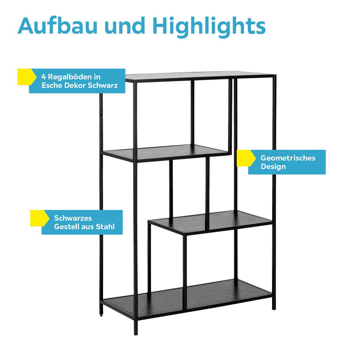 Regal Seaford B 77cm, Schwarz - Eschefarben/Schwarz, Trend, Holzwerkstoff/Metall (77/114/35cm) - MID.YOU