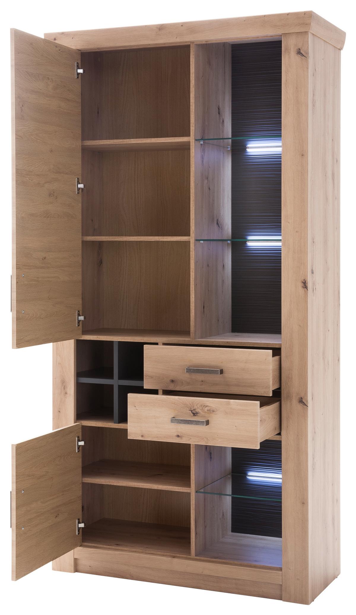 Vitrine B: 110 cm Meran Anthrazit/Eichefarben - Eichefarben/Anthrazit, Design, Glas/Holzwerkstoff (110/211/45cm) - Livetastic