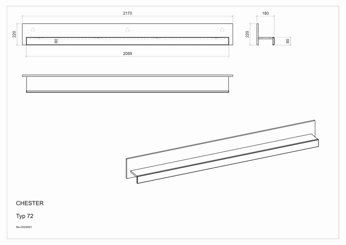 Wandboard Chester Weiß B: 217cm - Weiß, Design, Holzwerkstoff (217/22/18cm) - MID.YOU