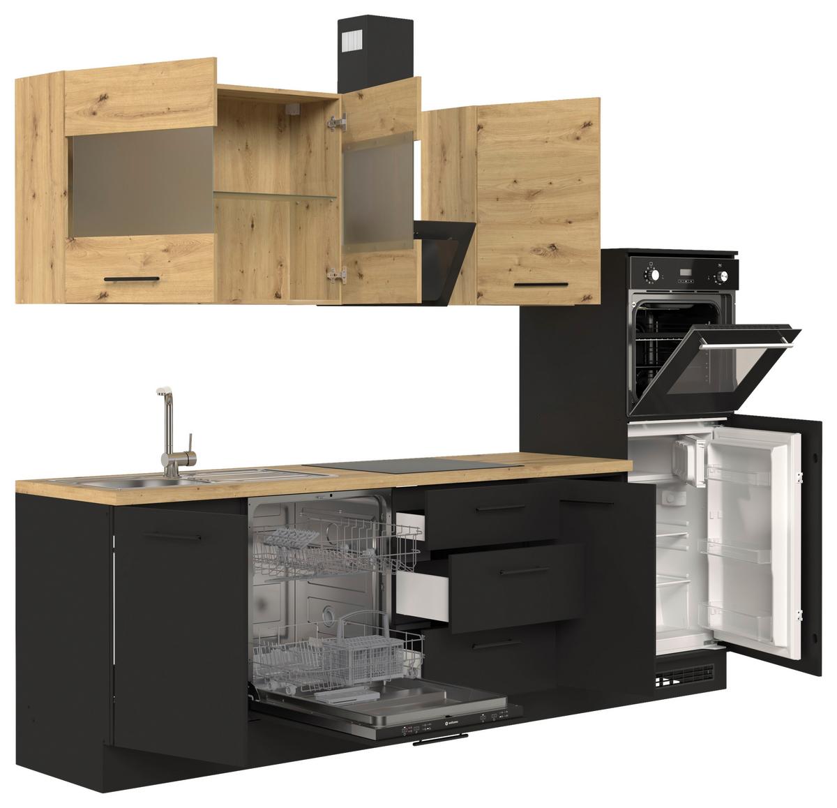 Küchenblock Capri Schwarz/Eiche Dekor B: 280 cm - Schwarz/Eiche Artisan, Basics, Glas/Holzwerkstoff (280cm) - MID.YOU