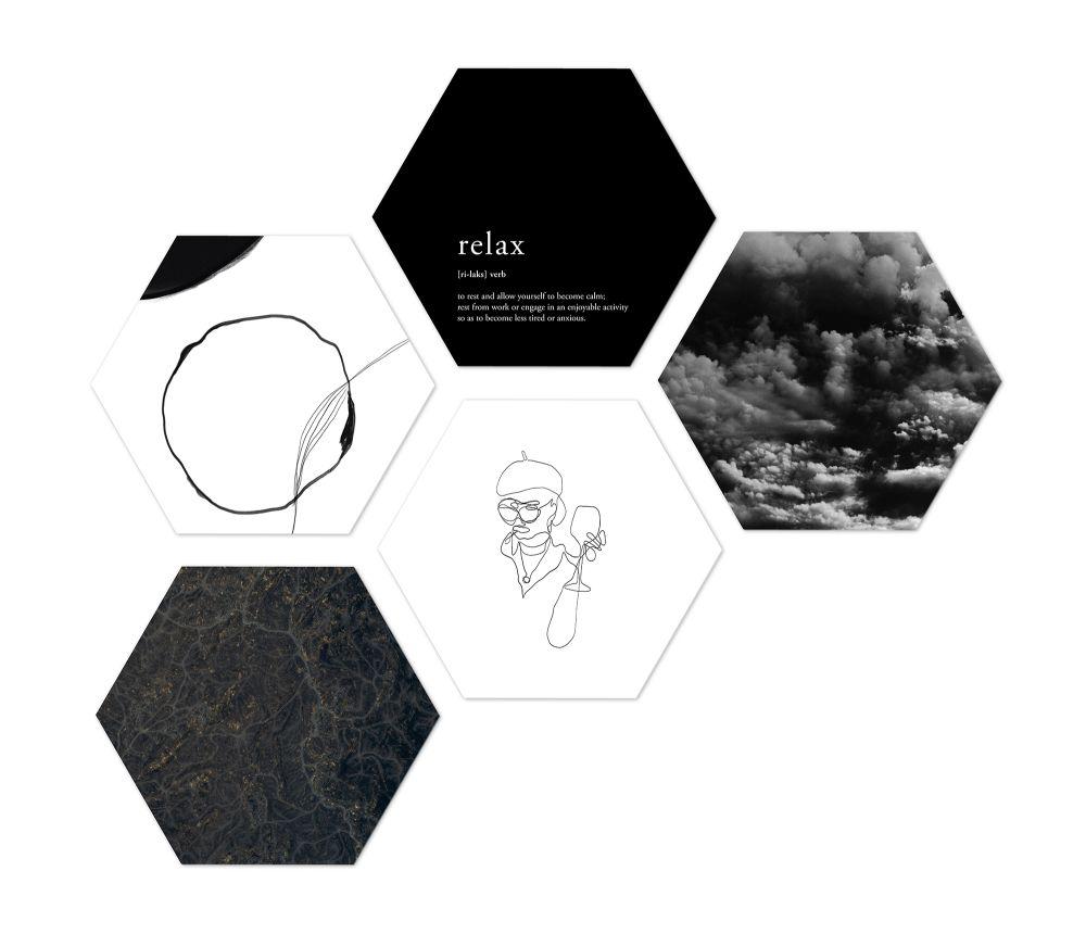 Obraz Hexagon, 5-Dielna Sada - čierna/biela, plast (30cm) - Modern Living