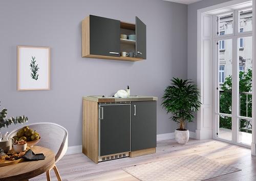 Miniküche M. Kühlschrank + Kochfeld 100 Cm Grau/eiche - Edelstahlfarben/Grau, MODERN, Holzwerkstoff/Metall (100cm) - Respekta