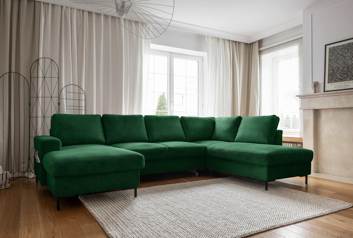 Sedačka LEONIE U, pravá, smaragdovozelený menčester - čierna/smaragdovozelená, Design, kov/drevo (148/303/197cm)