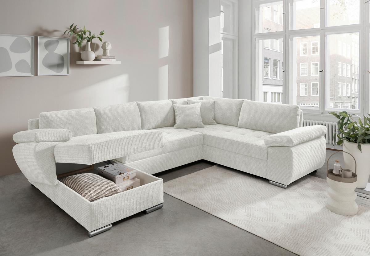 Wohnlandschaft Terana Creme mit Schlaffunktion, Mikrofaser - Chromfarben/Creme, KONVENTIONELL, Textil (157/305/219cm) - Livetastic