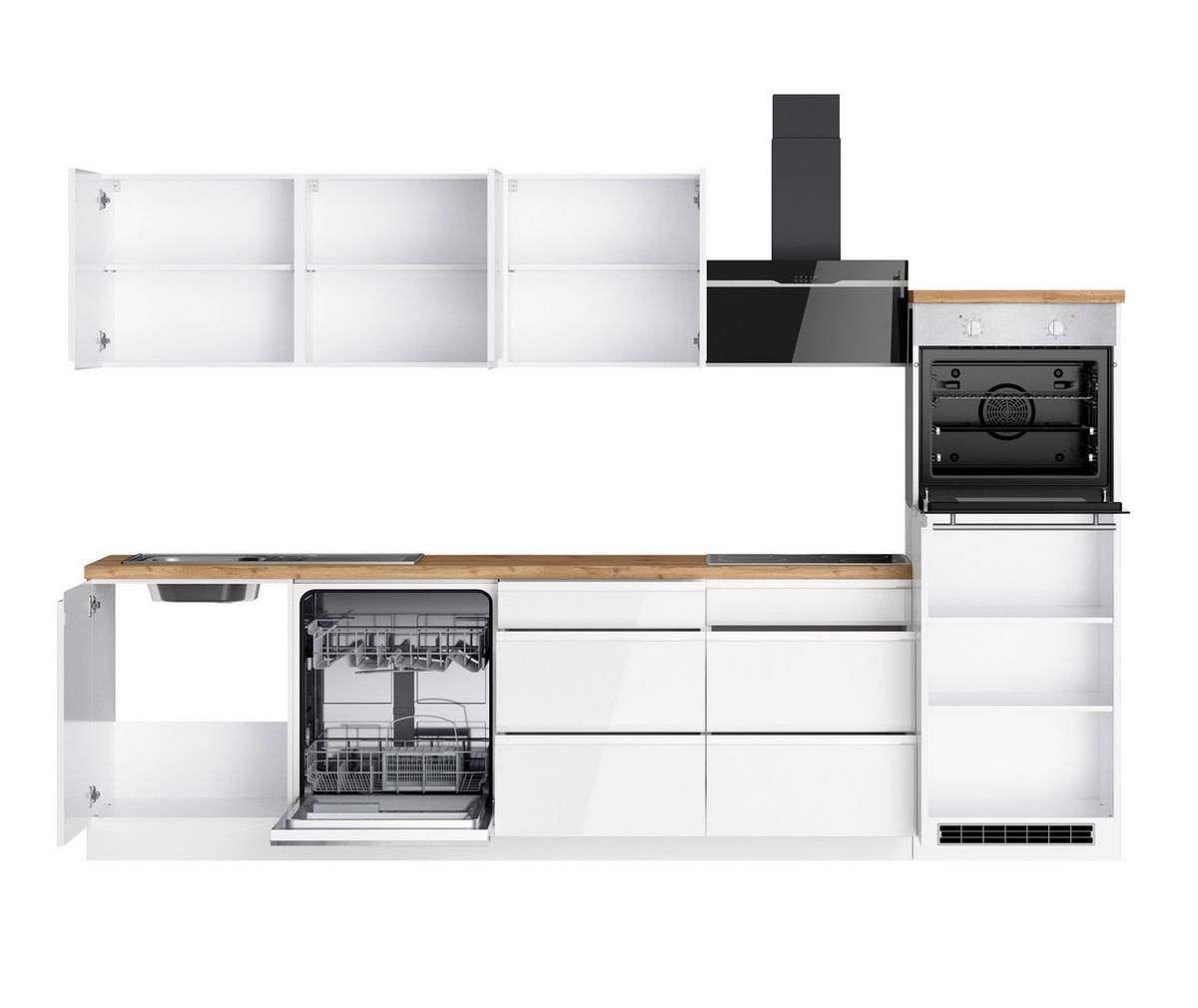 Küchenzeile Monza mit Geräten B: 300 cm Weiß/Eiche Dekor - Weiß Hochglanz/Eiche Wotan, LIFESTYLE, Holzwerkstoff (300cm) - Held