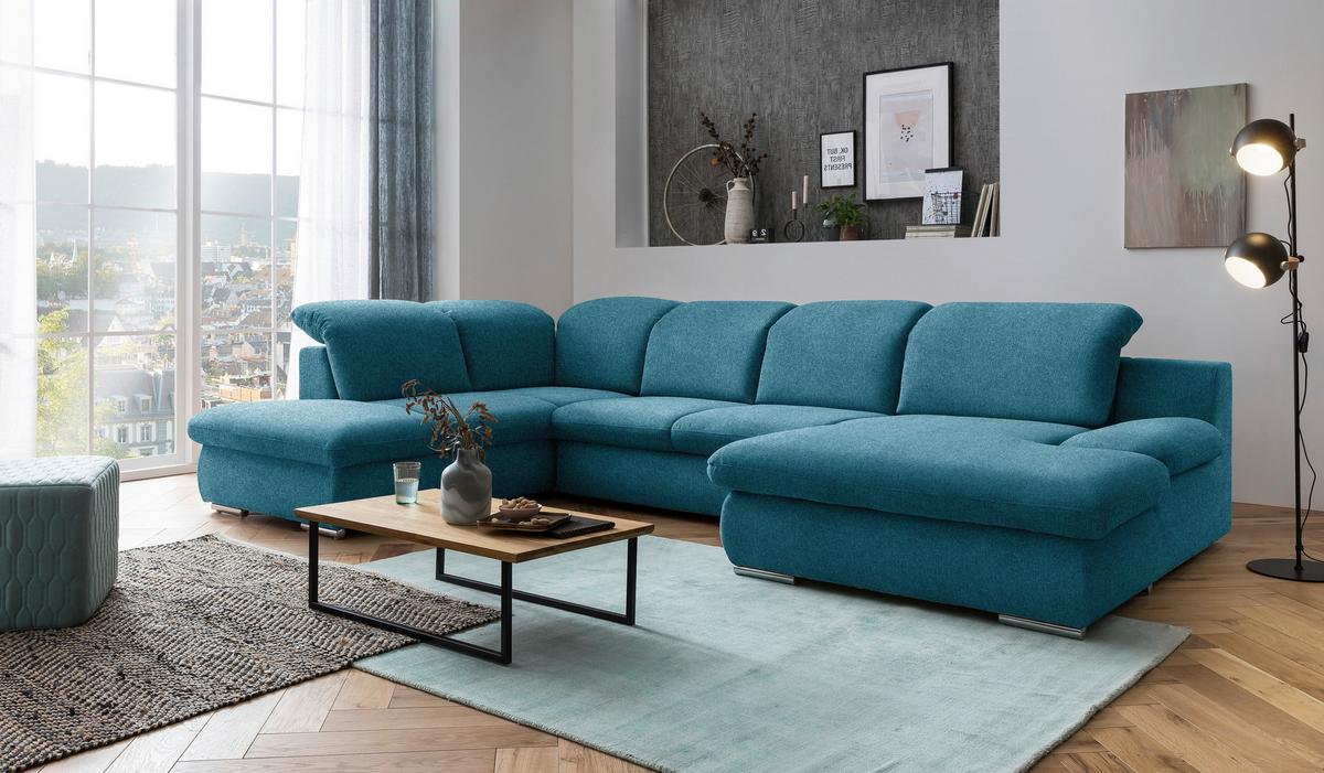 Wohnlandschaft Isona Blau Chenille - Chromfarben/Blau, Design, Textil (212/353/165cm) - Livetastic