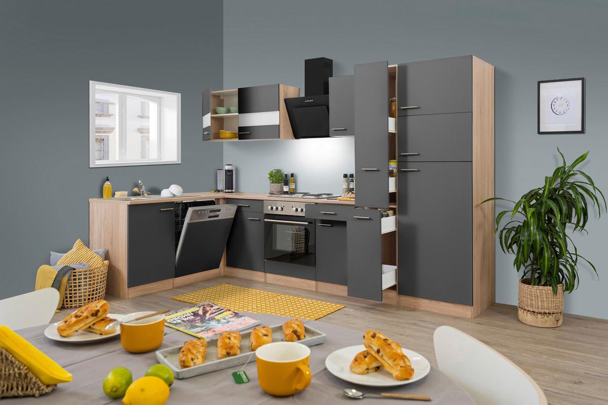 Eckküche Economy mit Geräten 172x310 cm Eiche/Grau Matt - Eichefarben/Grau, Basics, Glas/Holzwerkstoff (172/310cm) - Respekta
