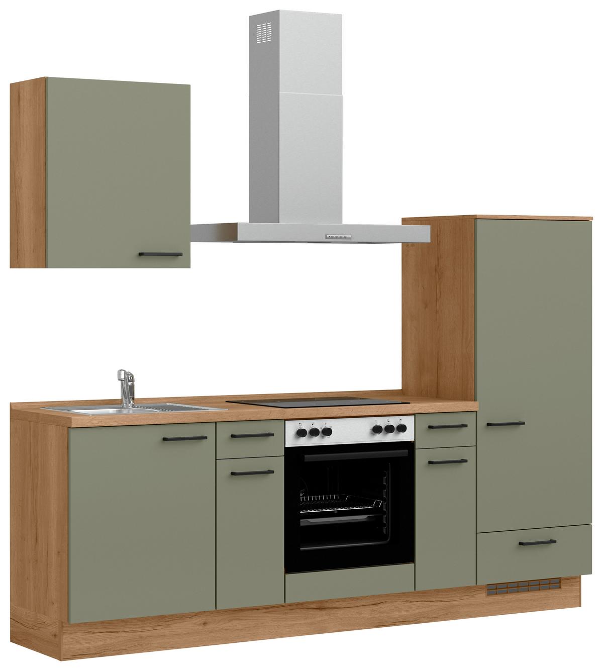 Kuchyňská linka 240 cm, olivově zelená - barvy dubu/černá, Moderní, kov/kompozitní dřevo (240cm) - Nobilia