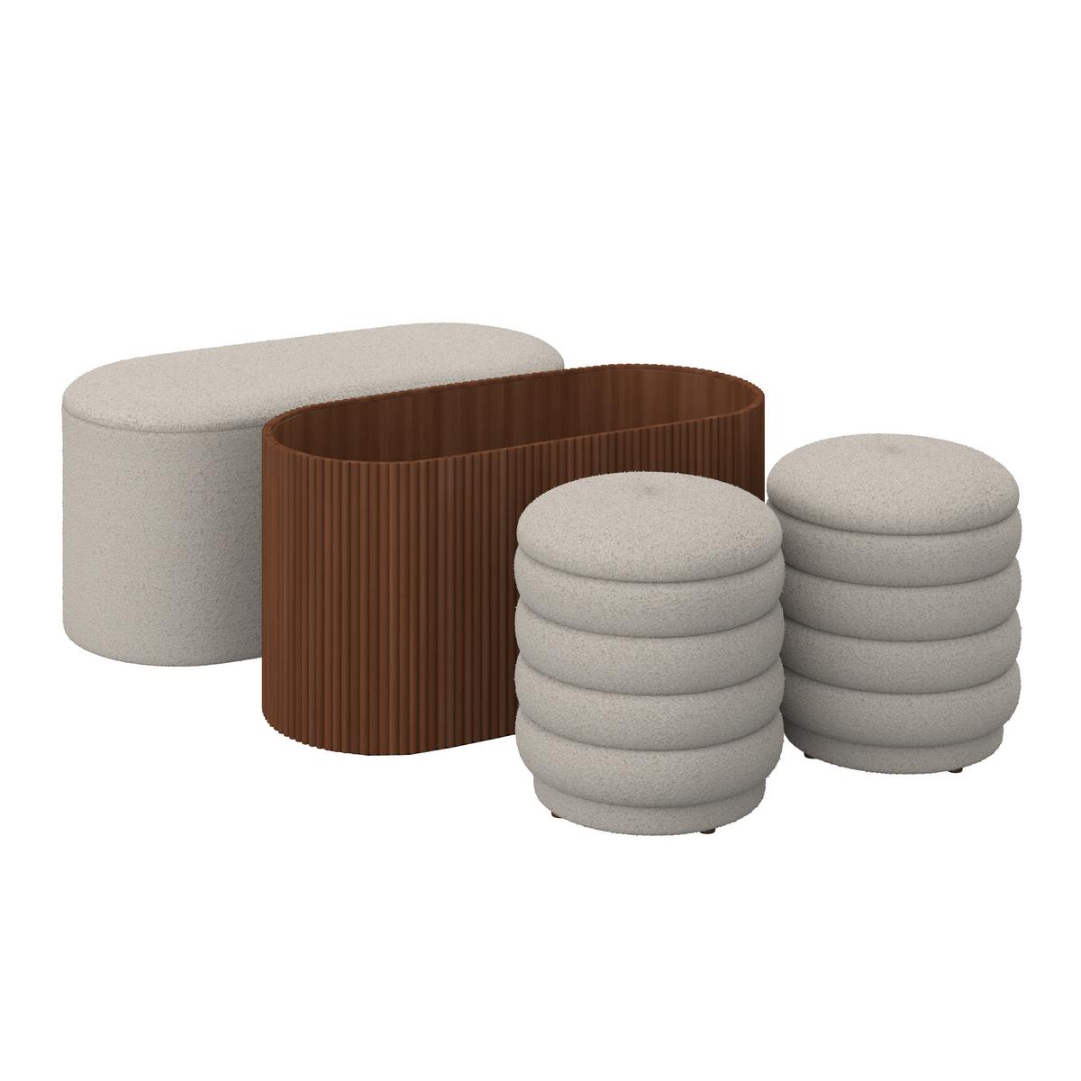 Lavice NINA s úl.prostorem, s 2 taburety, bílé buklé - bílá/přírodní barvy, Moderní, dřevo/kompozitní dřevo - Bessagi Home