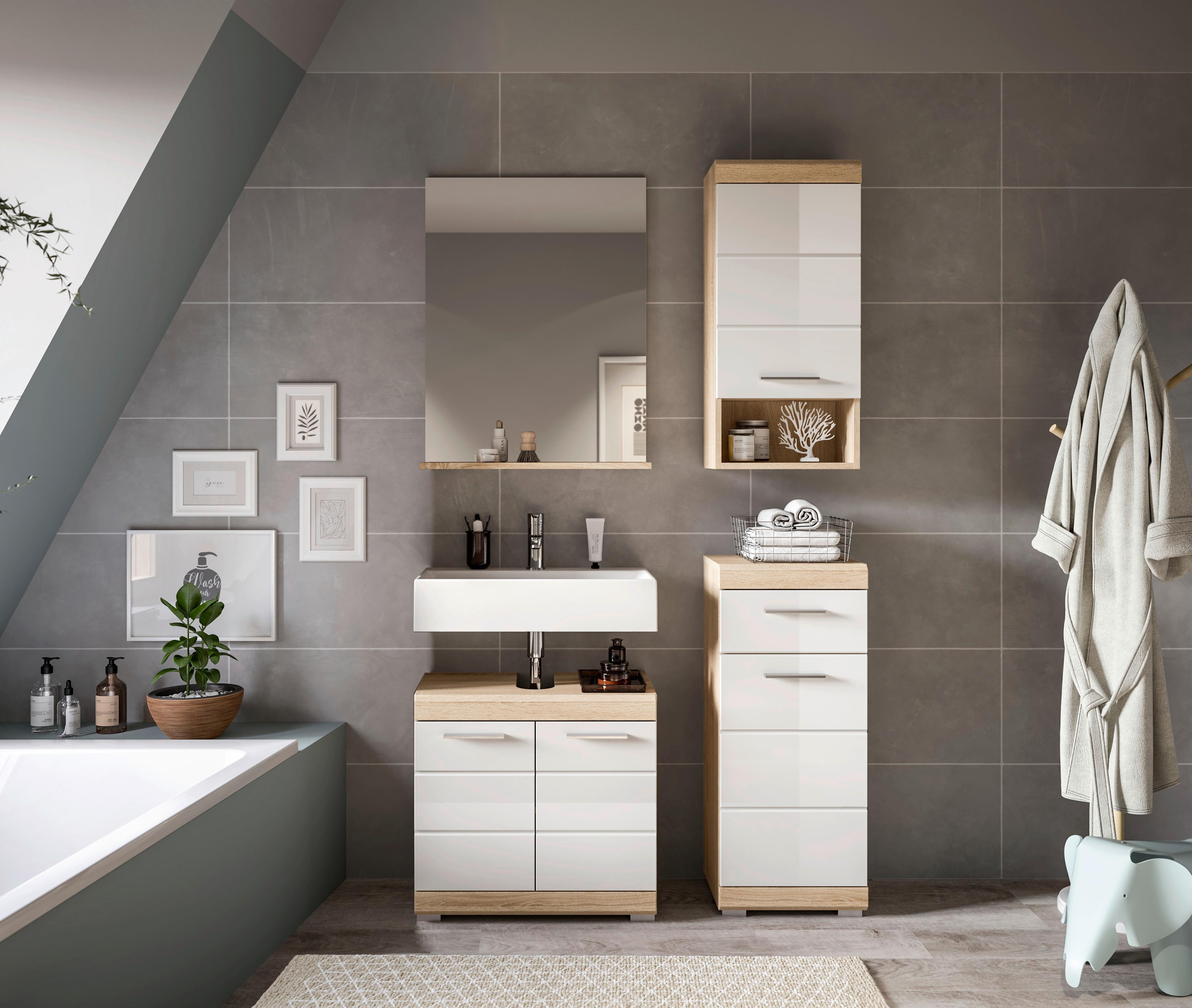 Badezimmer Lambada Eiche Dekor/Weiß B: 97 cm - Weiß Hochglanz/Silberfarben, MODERN, Glas/Holzwerkstoff (97cm) - MID.YOU