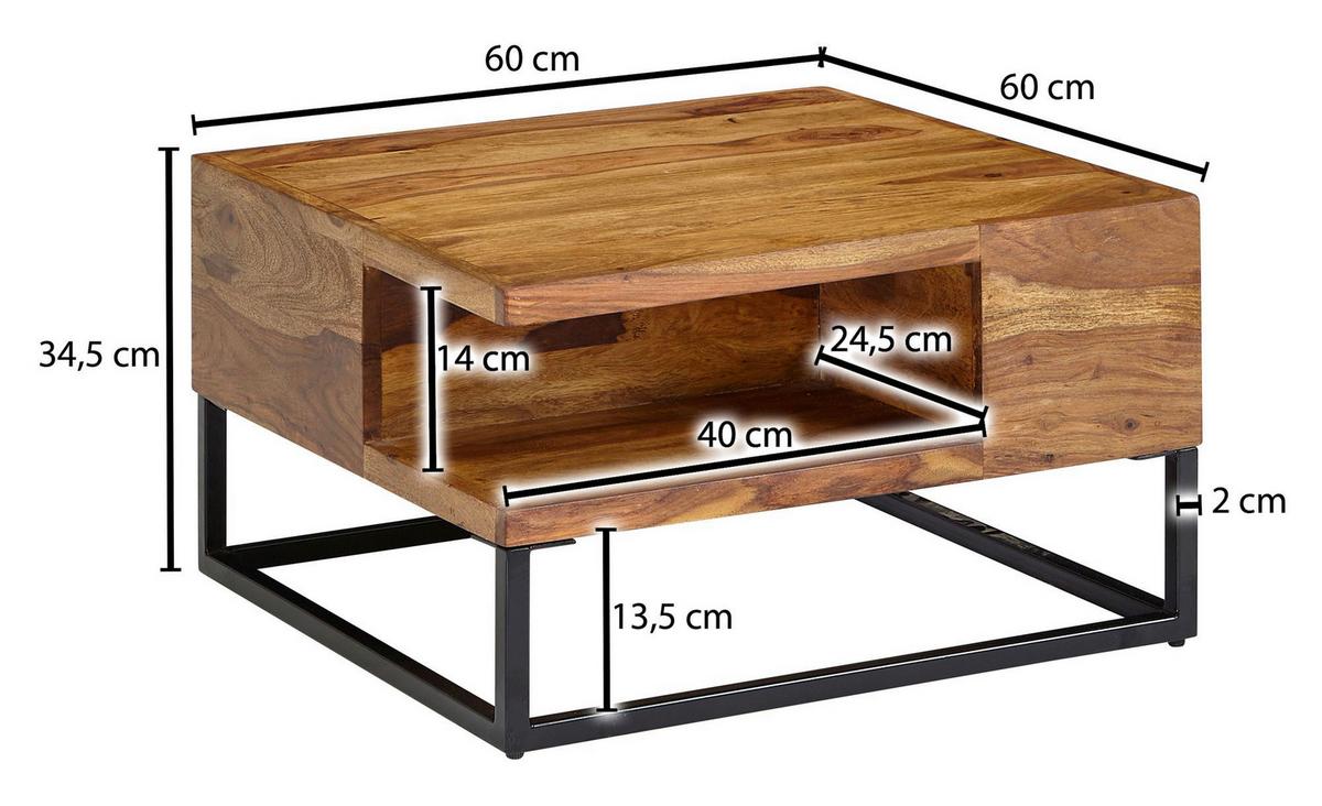 Couchtisch Wohnling Sheesham B: 60 cm - Sheeshamfarben/Schwarz, MODERN, Holz/Metall (60/60/34,5cm) - MID.YOU