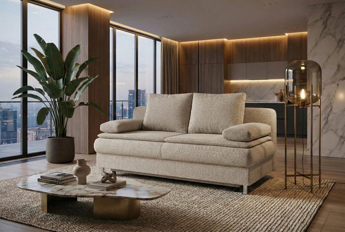 Rozkládací pohovka KEN, béžová, lůžko a úl.prostor - černá/barvy chromu, Design, kompozitní dřevo/textil (200/92/90cm)