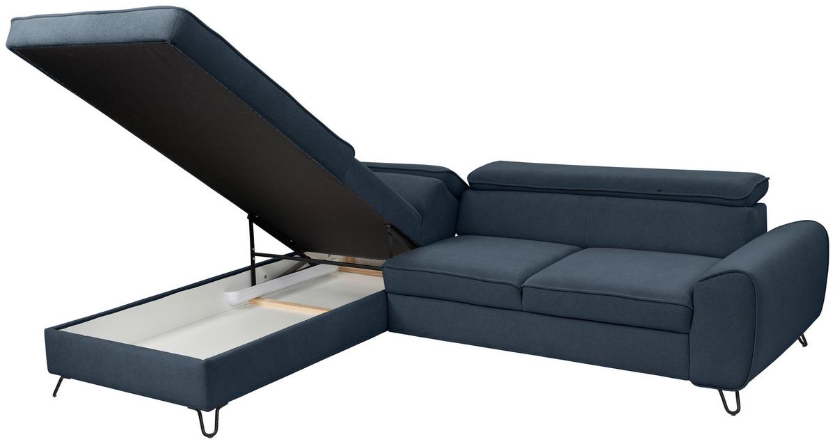 Rohová sedačka IDYLLA, levá tmavě modrá,úl.prostor,lůžko - černá/tmavě modrá, Design, kov/textil (200/250cm)