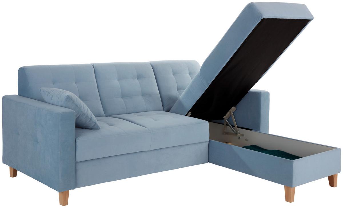 Rohová sedačka BJORN, obojstranná, svetlomodrý zamat - svetlomodrá/prírodná farba, Design, drevo/textil (231/160cm) - Luca Bessoni